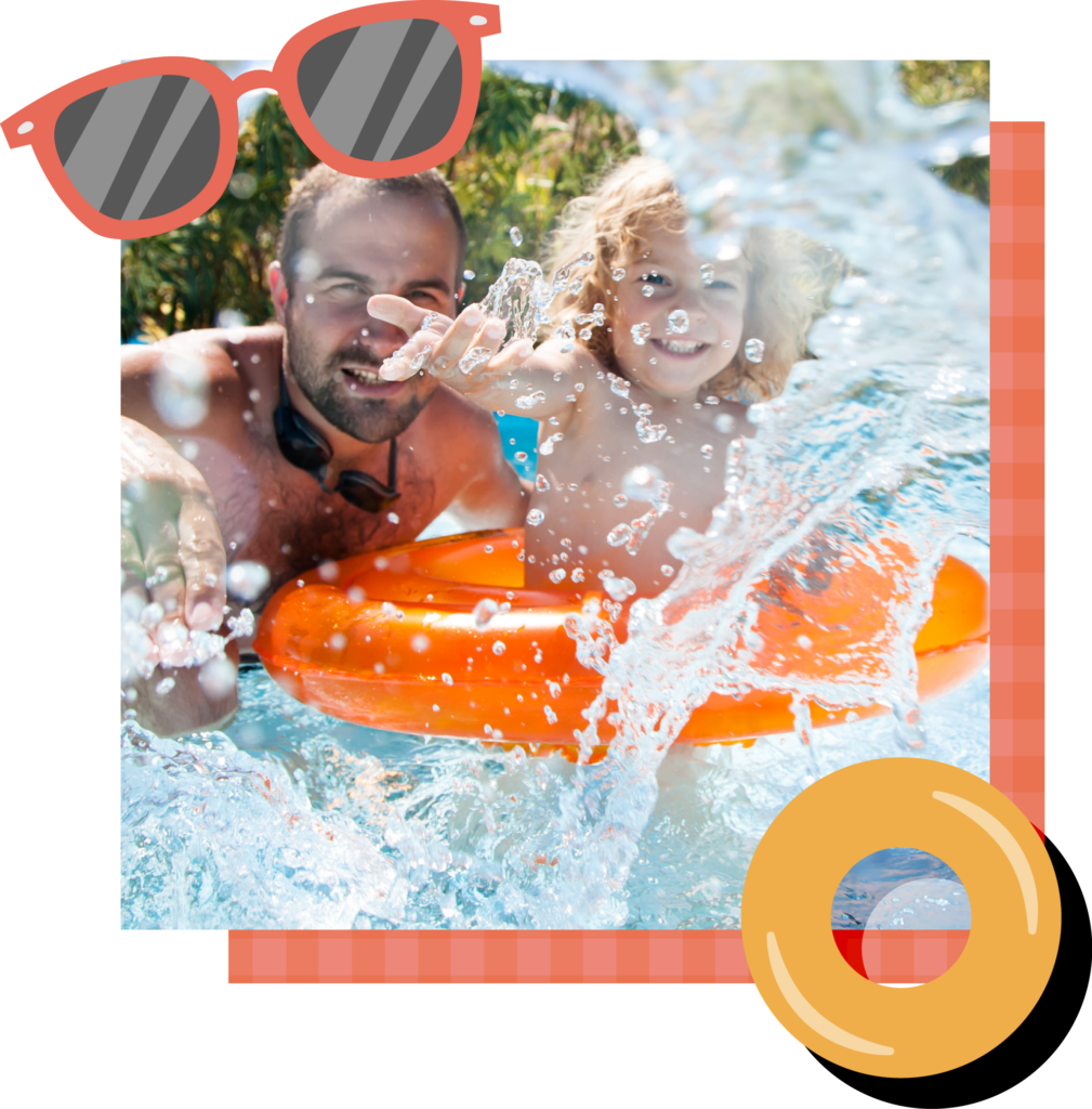 sunglass and tube icon with a man and child playing in the water